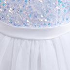 White sequin girls party dress with tulle skirt and satin waistband, designed for birthdays and holidays, view 6