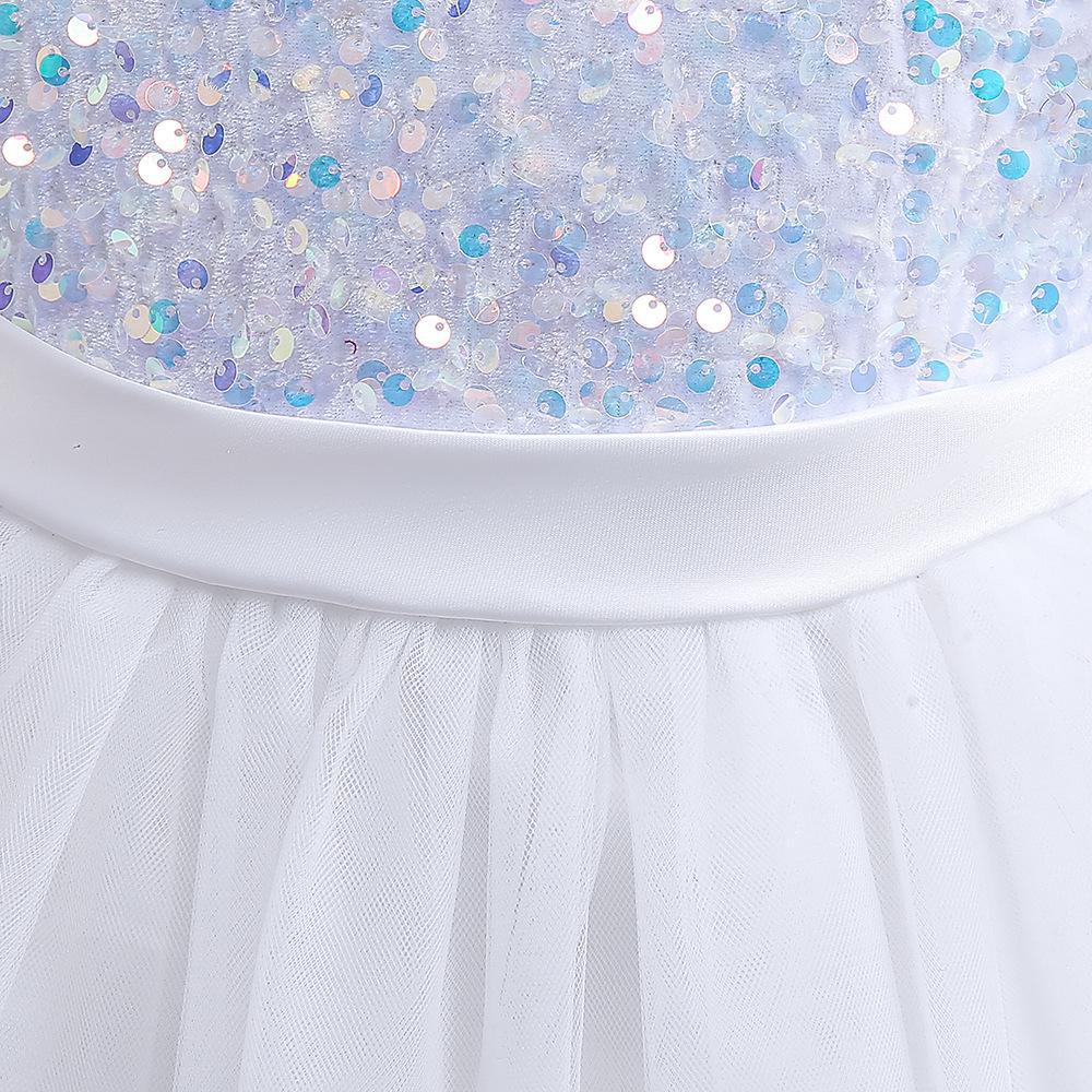 White sequin girls party dress with tulle skirt and satin waistband, designed for birthdays and holidays, view 6