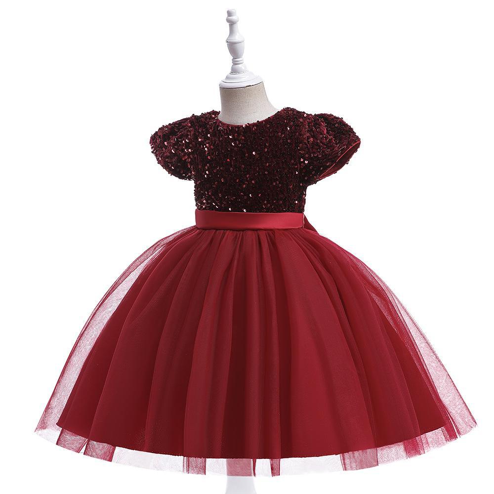 Burgundy sequin girls party dress with tulle skirt and satin waistband, designed for birthdays and holidays, view 2