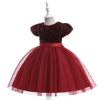 Burgundy sequin girls party dress with tulle skirt and satin waistband, designed for birthdays and holidays, view 2
