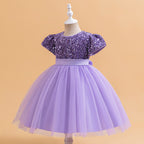 Purple sequin girls party dress with tulle skirt and satin waistband, designed for birthdays and holidays.