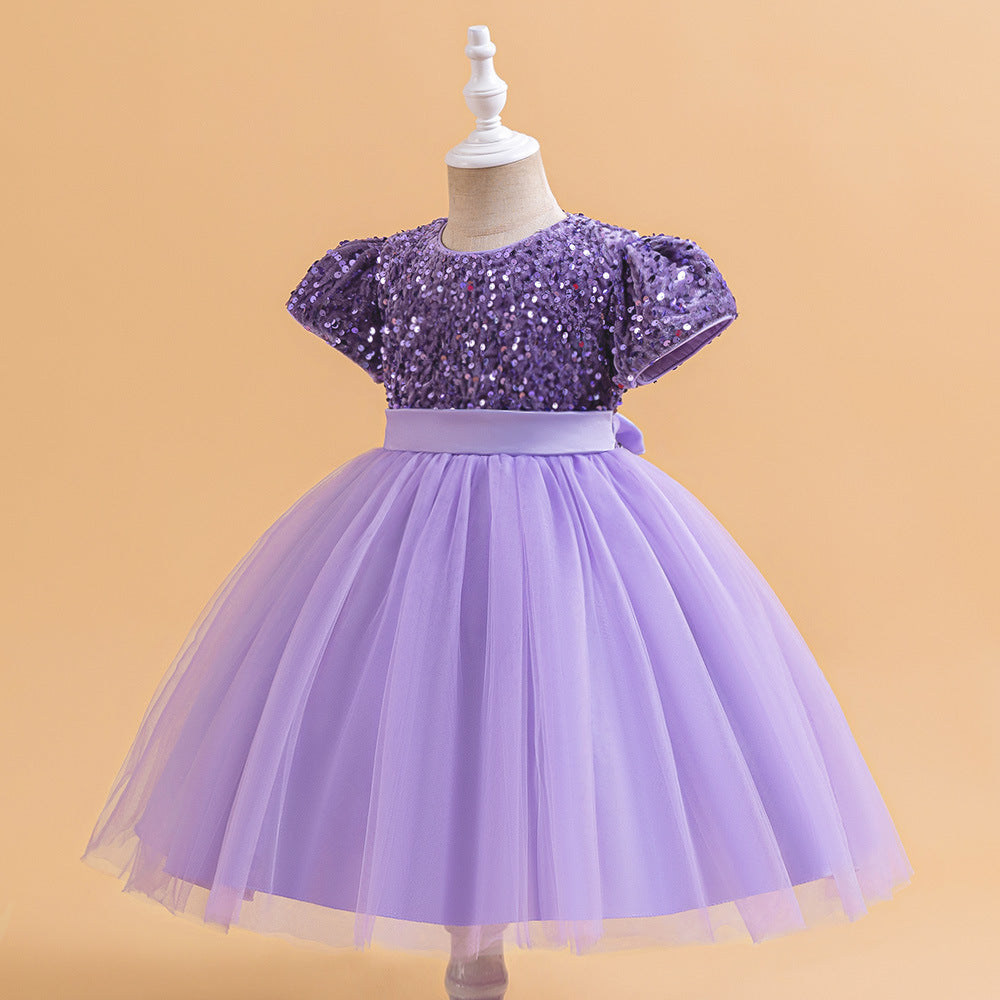 Purple sequin girls party dress with tulle skirt and satin waistband, designed for birthdays and holidays.