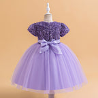 Purple sequin girls party dress with tulle skirt and satin waistband, designed for birthdays and holidays, view 2