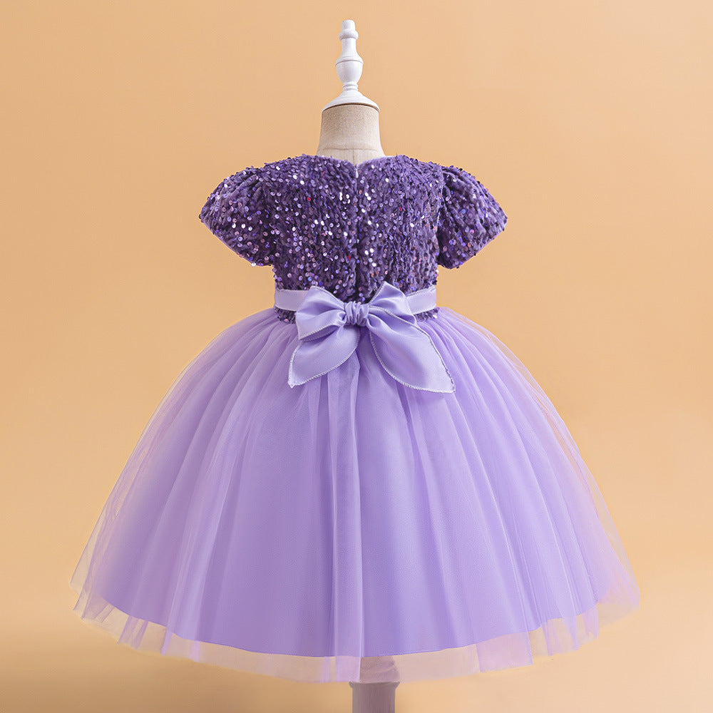 Purple sequin girls party dress with tulle skirt and satin waistband, designed for birthdays and holidays, view 2