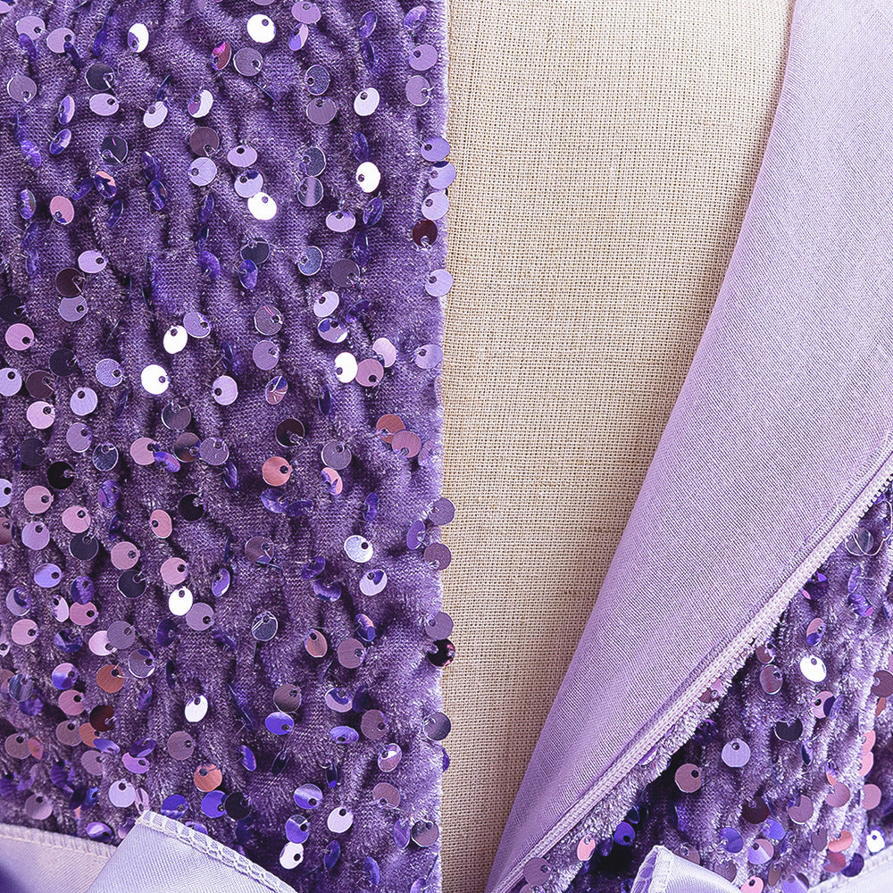 Purple sequin girls party dress with tulle skirt and satin waistband, designed for birthdays and holidays, view 3