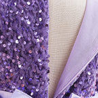 Purple sequin girls party dress with tulle skirt and satin waistband, designed for birthdays and holidays, view 3