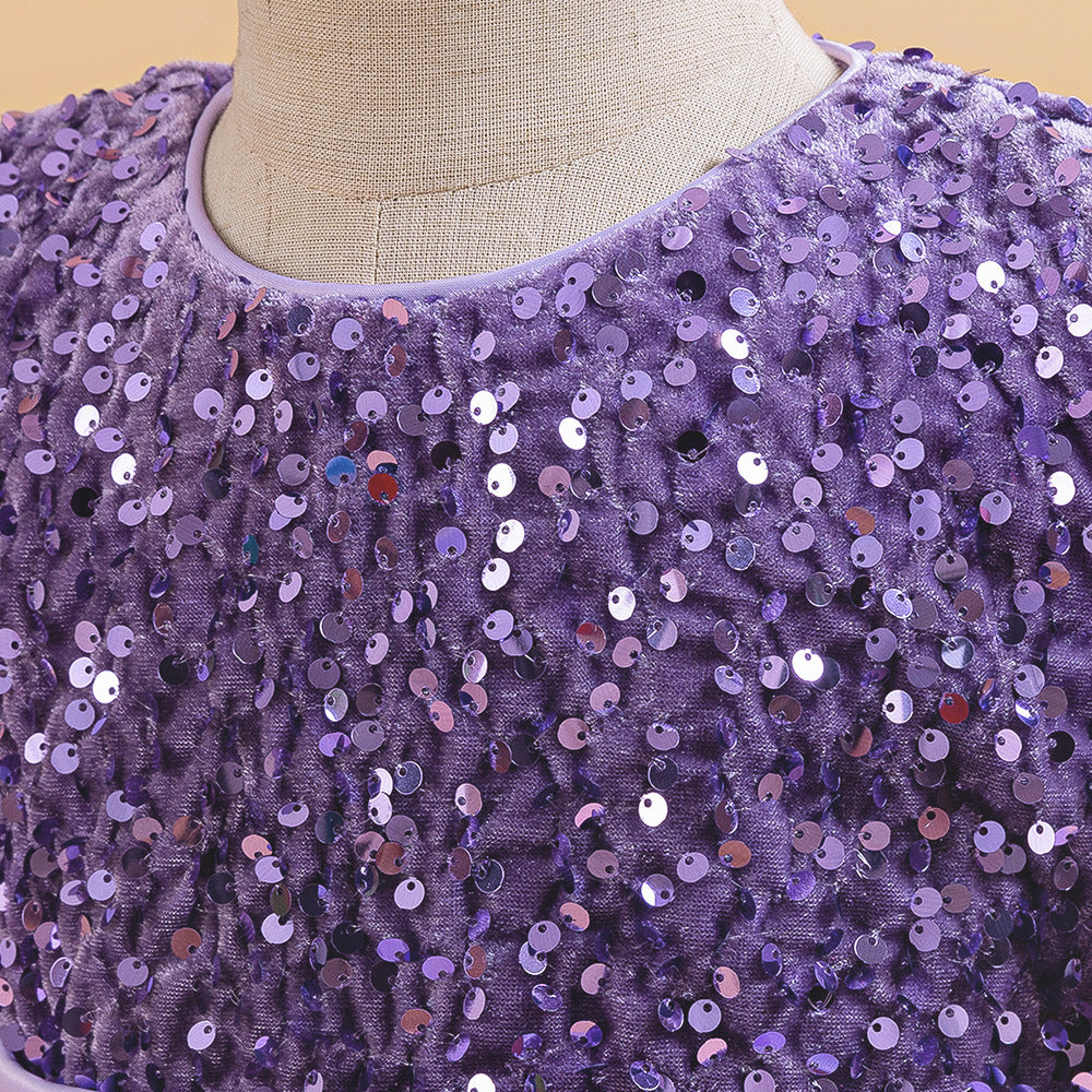 Purple sequin girls party dress with tulle skirt and satin waistband, designed for birthdays and holidays, view 4