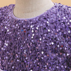 Purple sequin girls party dress with tulle skirt and satin waistband, designed for birthdays and holidays, view 4