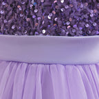 Purple sequin girls party dress with tulle skirt and satin waistband, designed for birthdays and holidays, view 5