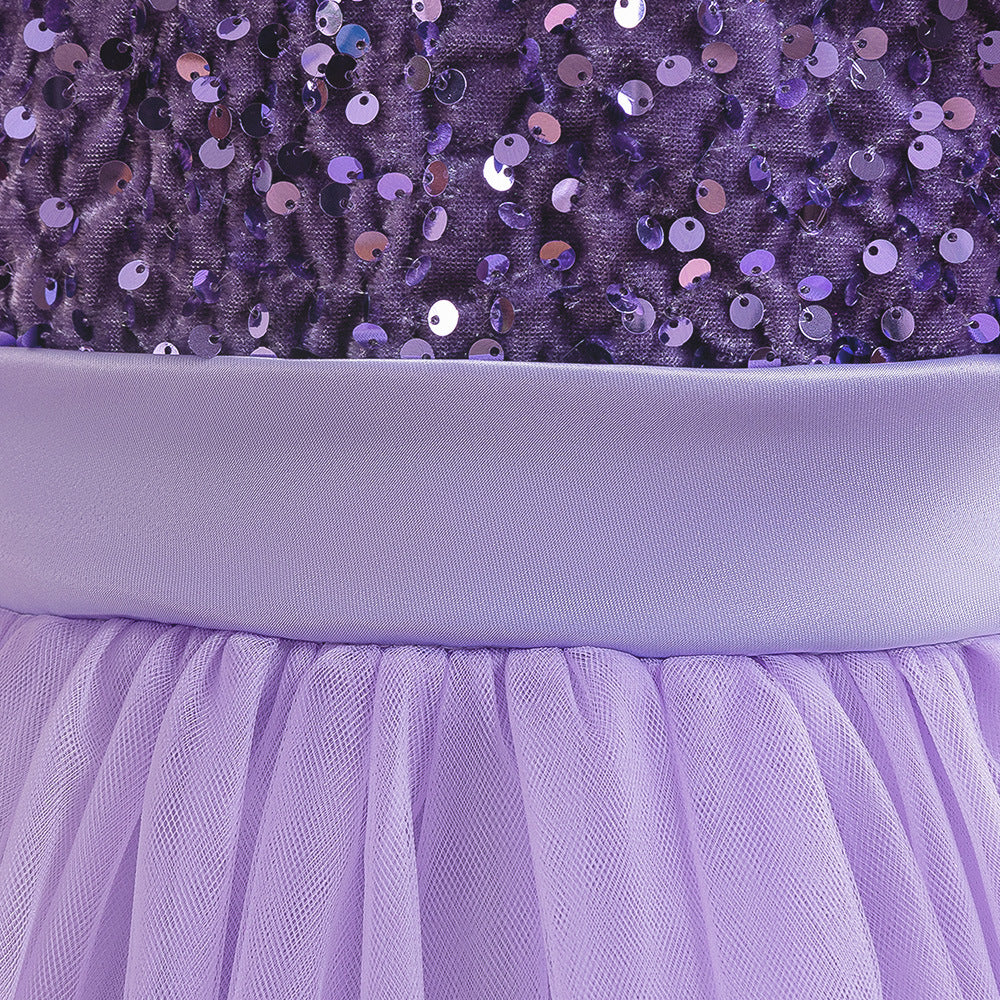 Purple sequin girls party dress with tulle skirt and satin waistband, designed for birthdays and holidays, view 5