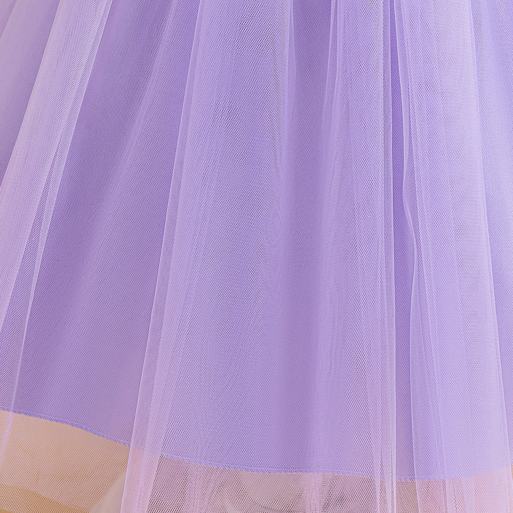 Purple sequin girls party dress with tulle skirt and satin waistband, designed for birthdays and holidays, view 6