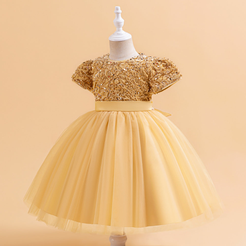 Champagne sequin girls party dress with tulle skirt and satin waistband, designed for birthdays and holidays.