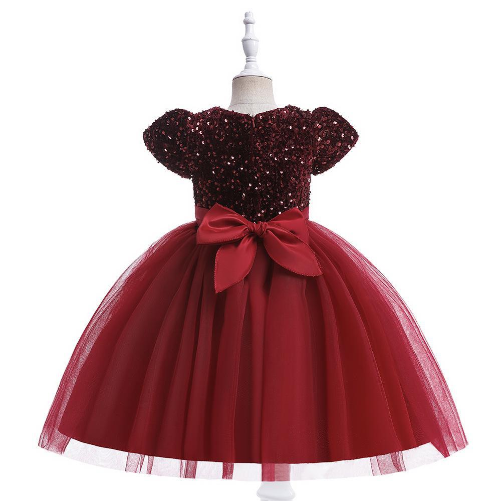 Burgundy sequin girls party dress with tulle skirt and satin waistband, designed for birthdays and holidays, view 3