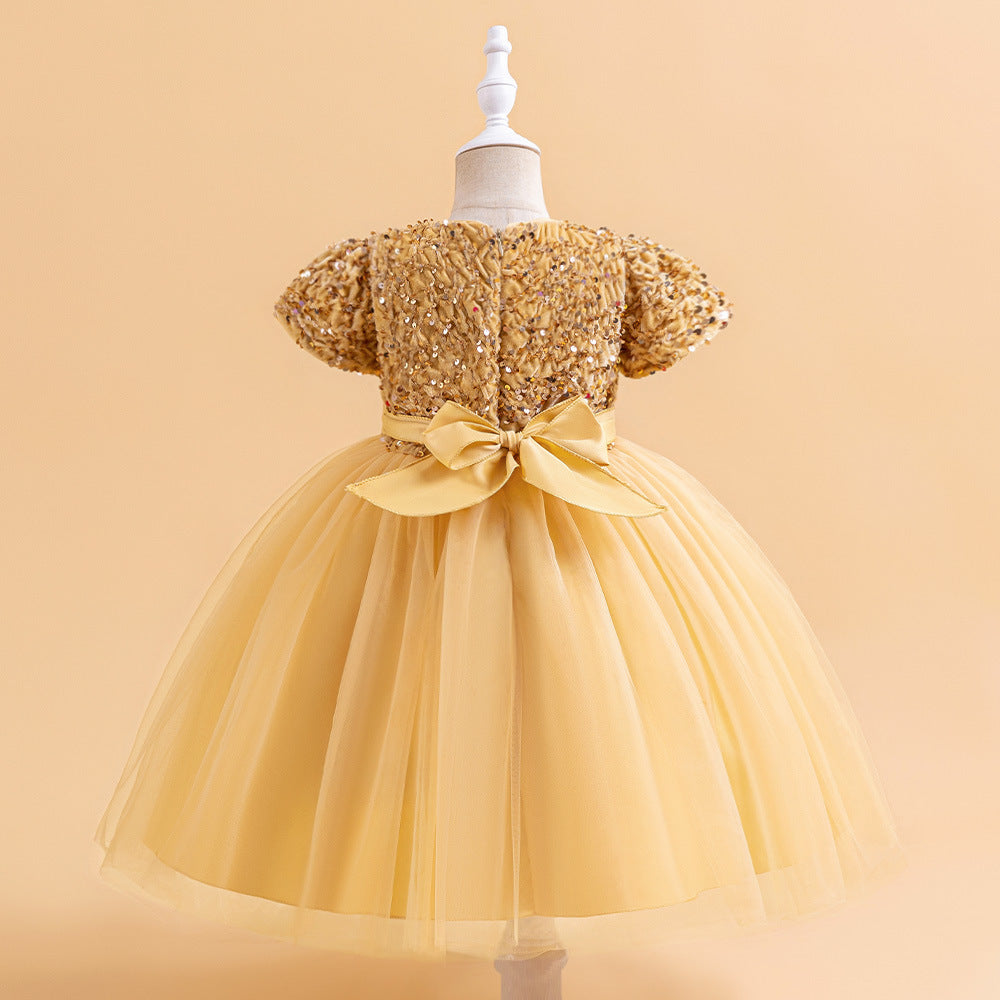 Champagne sequin girls party dress with tulle skirt and satin waistband, designed for birthdays and holidays, view 2