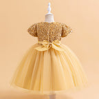 Champagne sequin girls party dress with tulle skirt and satin waistband, designed for birthdays and holidays, view 2