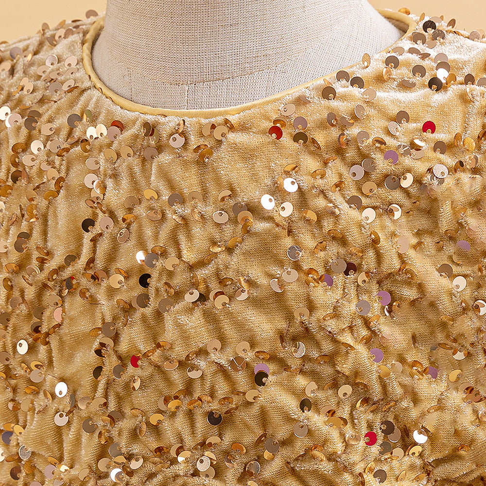 Champagne sequin girls party dress with tulle skirt and satin waistband, designed for birthdays and holidays, view 4