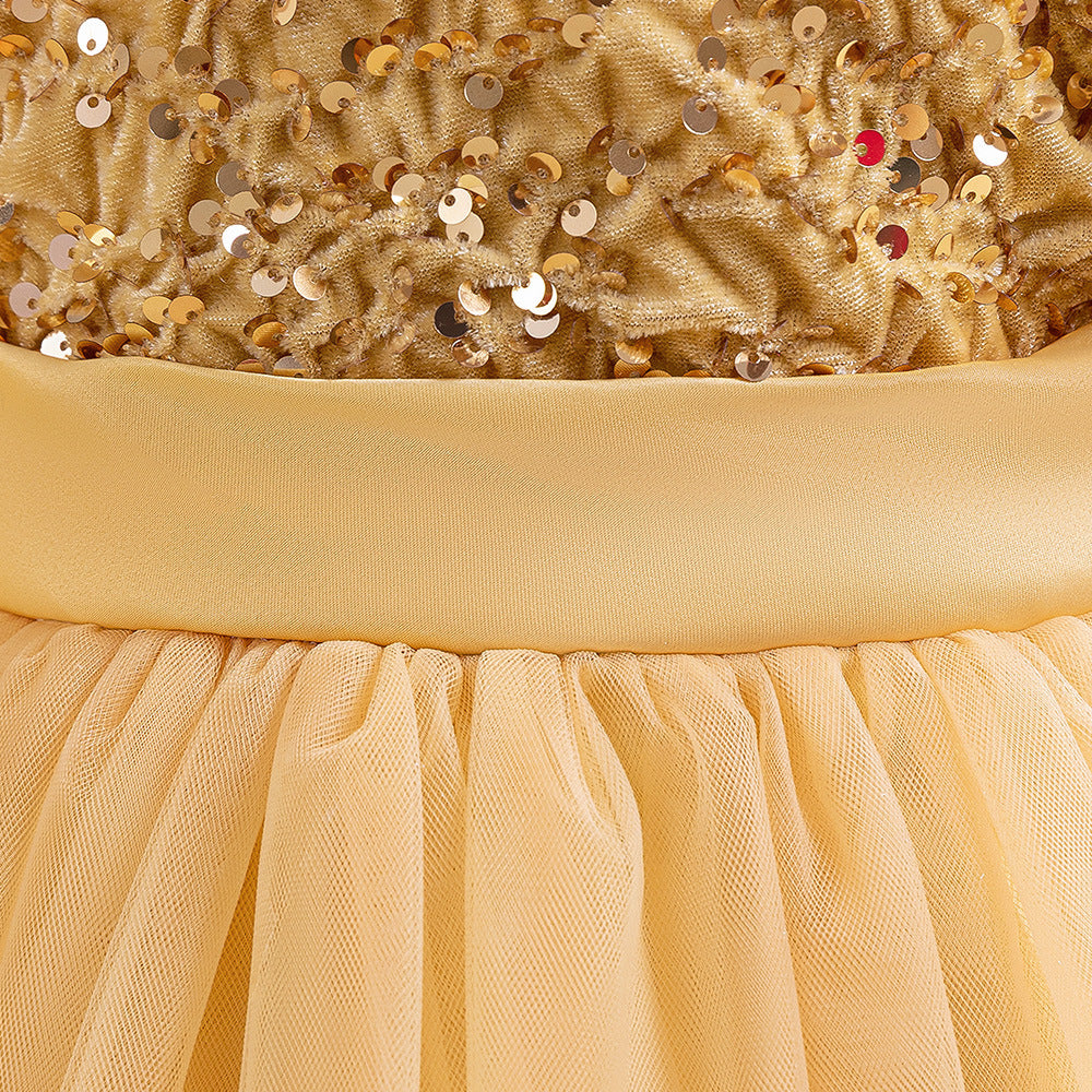 Champagne sequin girls party dress with tulle skirt and satin waistband, designed for birthdays and holidays, view 5