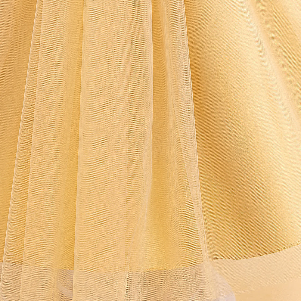 Champagne sequin girls party dress with tulle skirt and satin waistband, designed for birthdays and holidays, view 6