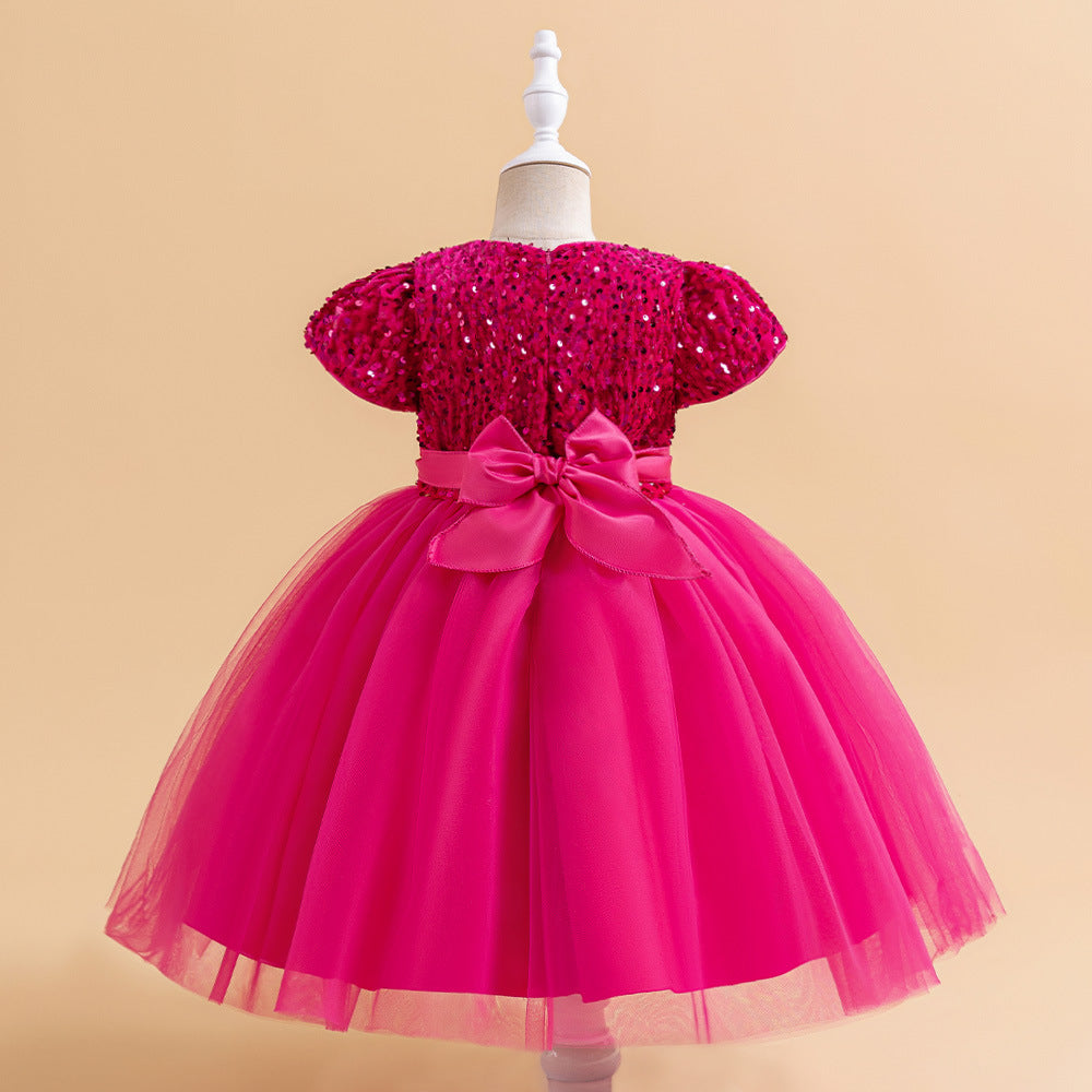 Fuchsia sequin girls party dress with tulle skirt and satin waistband, designed for birthdays and holidays, view 2