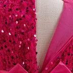 Fuchsia sequin girls party dress with tulle skirt and satin waistband, designed for birthdays and holidays, view 3
