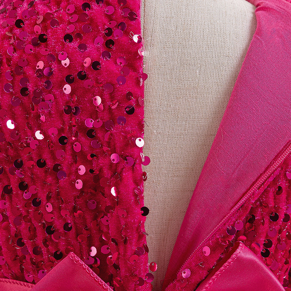 Fuchsia sequin girls party dress with tulle skirt and satin waistband, designed for birthdays and holidays, view 3