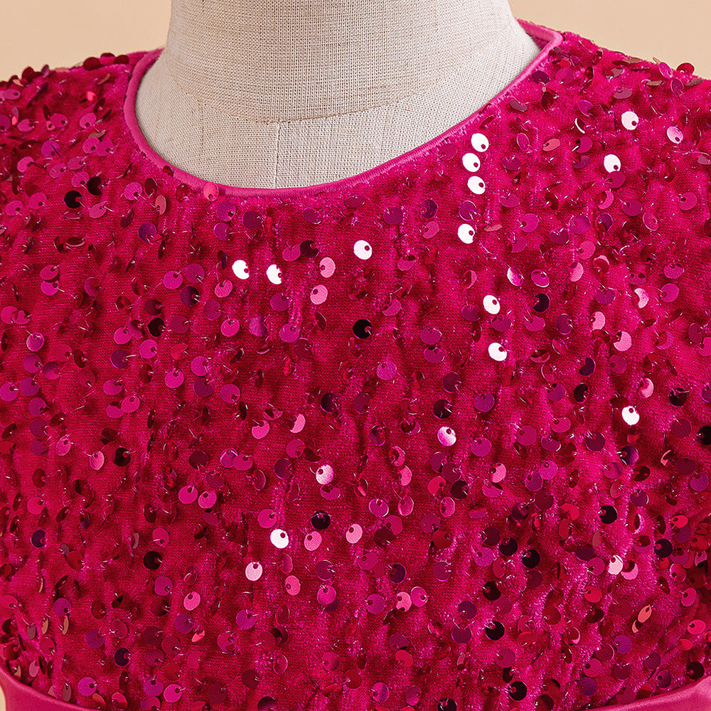 Fuchsia sequin girls party dress with tulle skirt and satin waistband, designed for birthdays and holidays, view 4