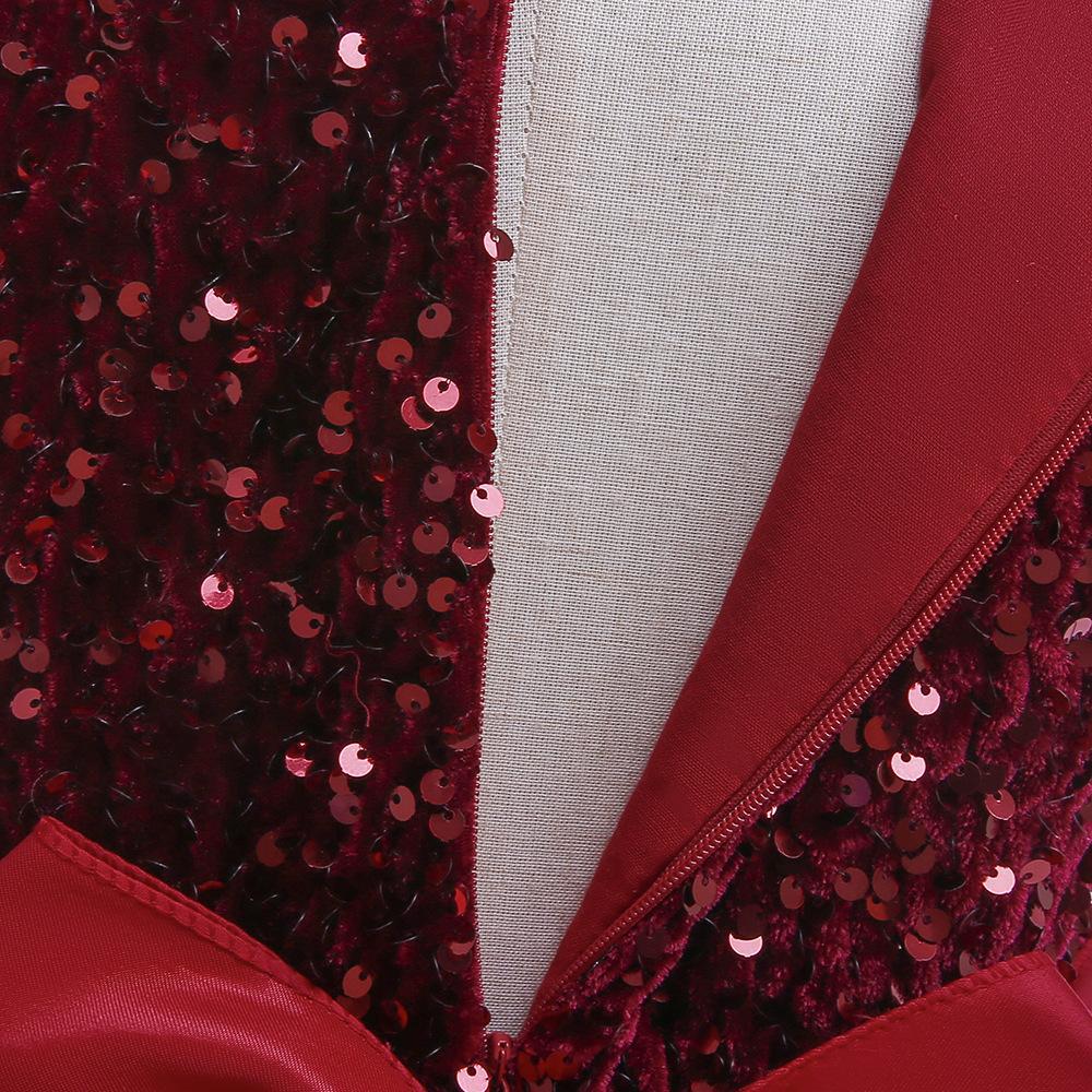 Burgundy sequin girls party dress with tulle skirt and satin waistband, designed for birthdays and holidays, view 4