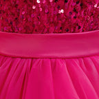 Fuchsia sequin girls party dress with tulle skirt and satin waistband, designed for birthdays and holidays, view 5