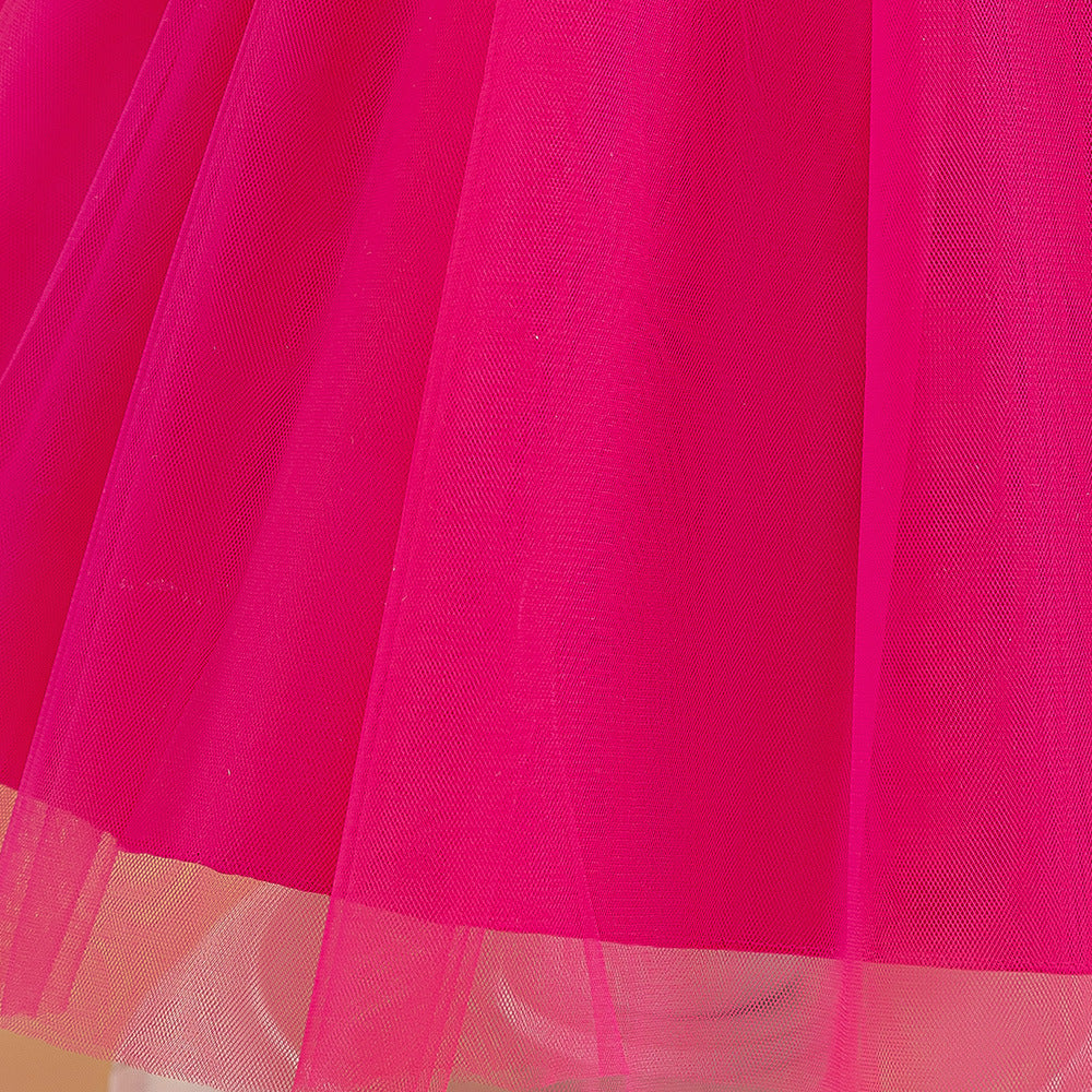 Fuchsia sequin girls party dress with tulle skirt and satin waistband, designed for birthdays and holidays, view 6