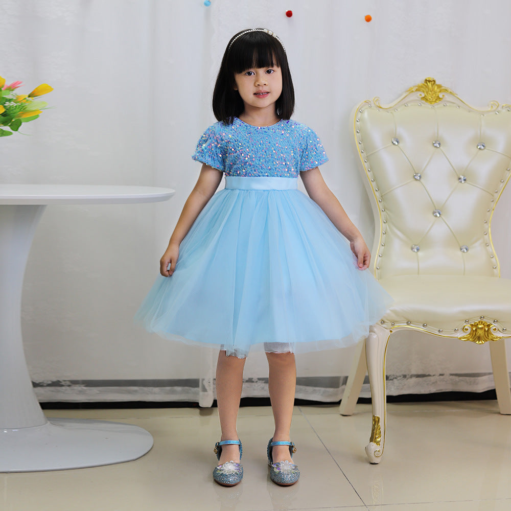 Sky Blue sequin girls party dress with tulle skirt and satin waistband, designed for birthdays and holidays, view 8