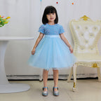 Sky Blue sequin girls party dress with tulle skirt and satin waistband, designed for birthdays and holidays, view 8