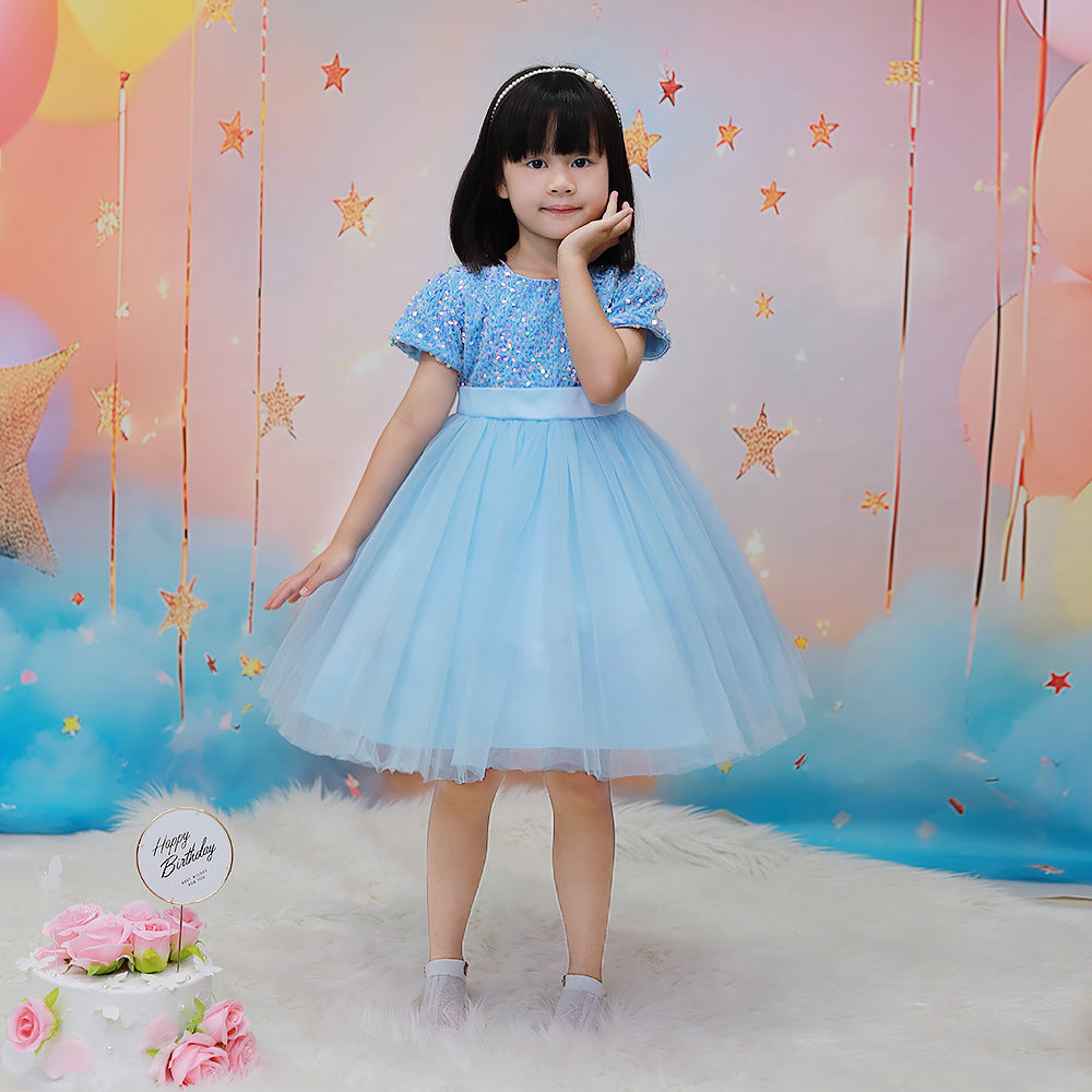 Sky Blue sequin girls party dress with tulle skirt and satin waistband, designed for birthdays and holidays, view 9