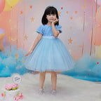 Sky Blue sequin girls party dress with tulle skirt and satin waistband, designed for birthdays and holidays, view 9