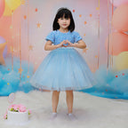Sky Blue sequin girls party dress with tulle skirt and satin waistband, designed for birthdays and holidays, view 10