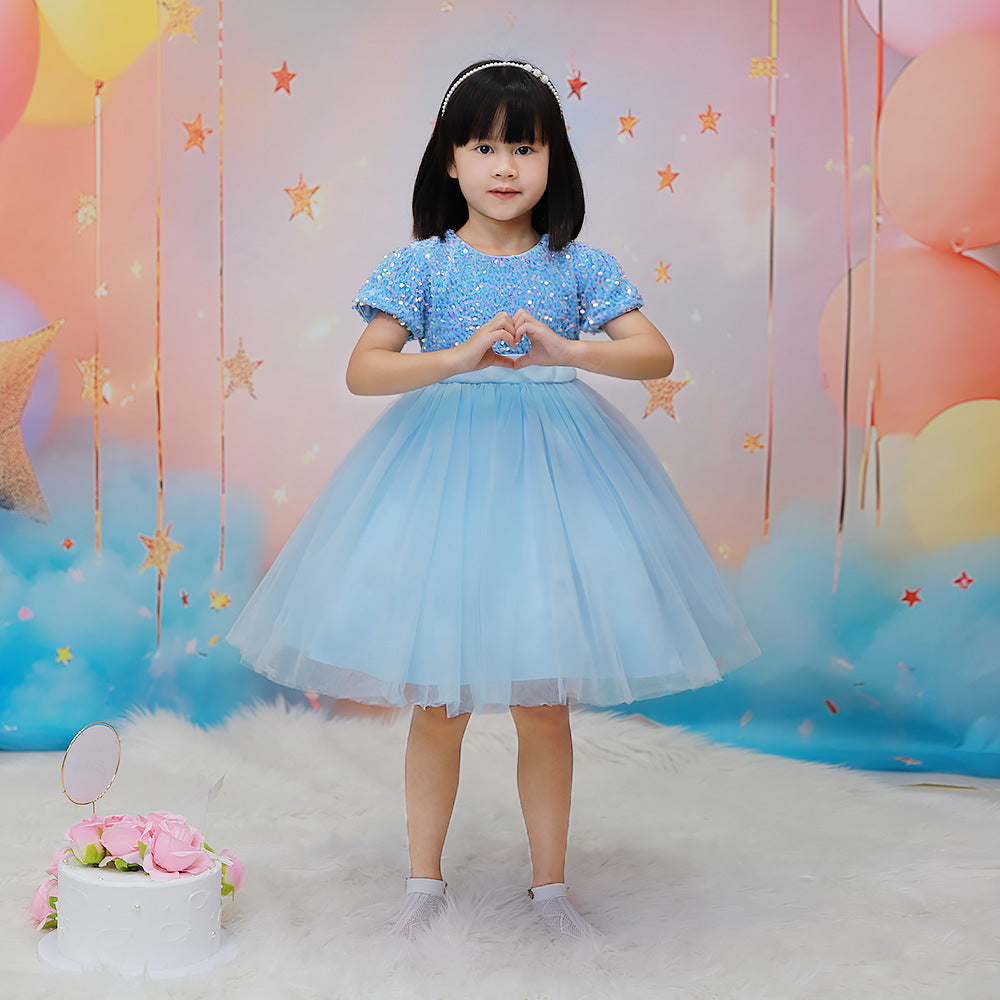 Sky Blue sequin girls party dress with tulle skirt and satin waistband, designed for birthdays and holidays, view 10