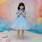 Sky Blue sequin girls party dress with tulle skirt and satin waistband, designed for birthdays and holidays, view 11
