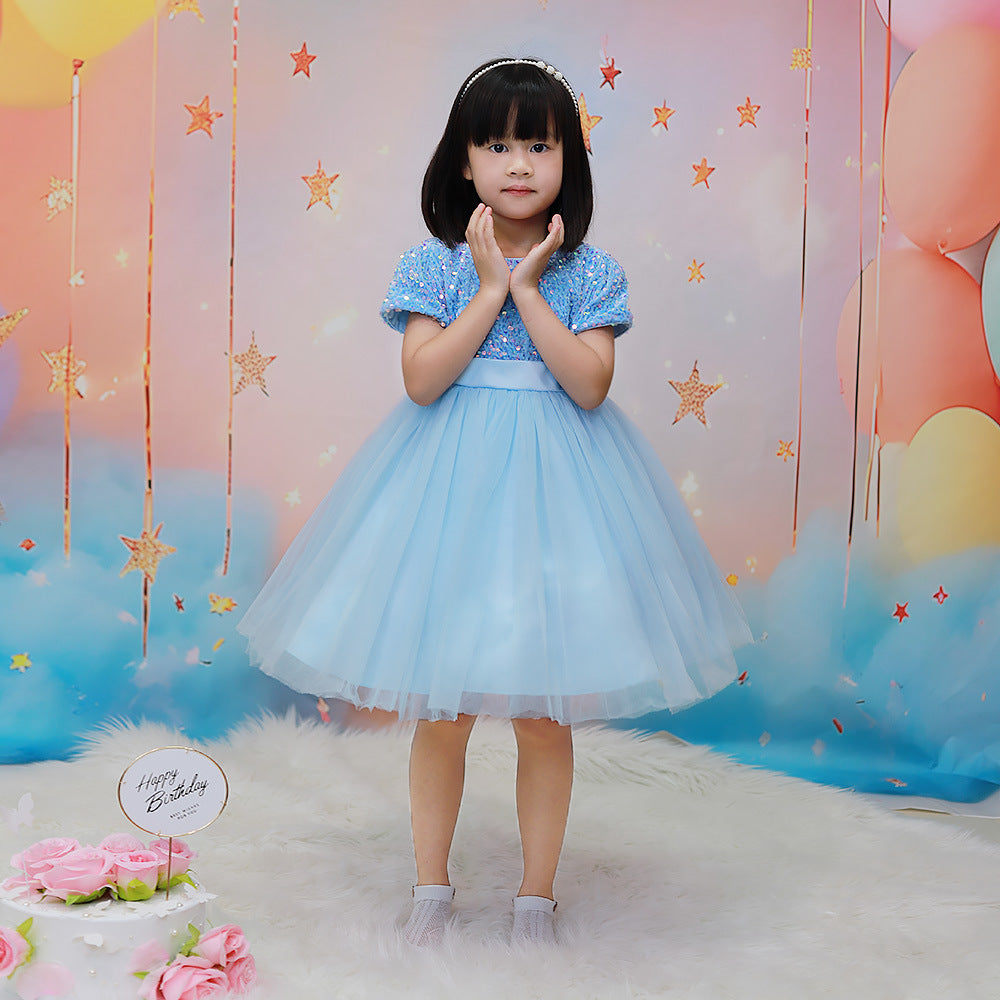 Sky Blue sequin girls party dress with tulle skirt and satin waistband, designed for birthdays and holidays, view 11