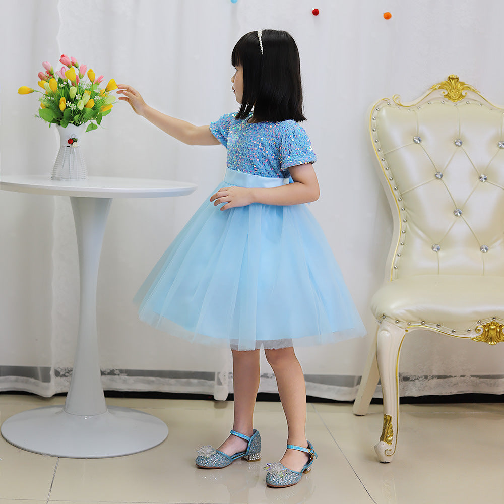 Sky Blue sequin girls party dress with tulle skirt and satin waistband, designed for birthdays and holidays, view 12