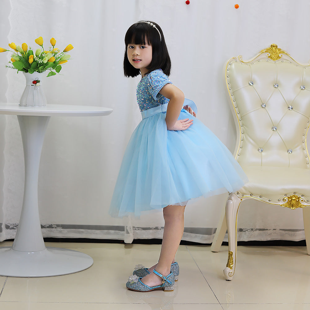 Sky Blue sequin girls party dress with tulle skirt and satin waistband, designed for birthdays and holidays, view 13