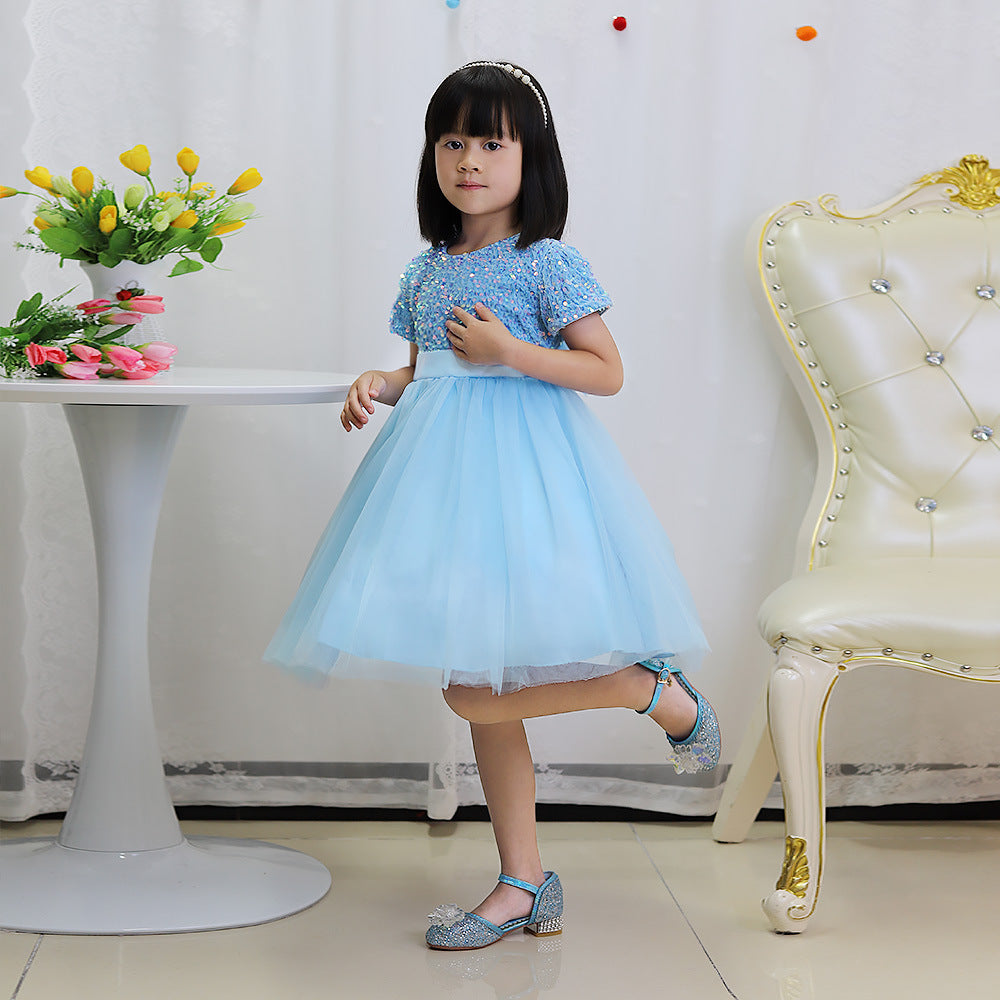 Sky Blue sequin girls party dress with tulle skirt and satin waistband, designed for birthdays and holidays, view 14