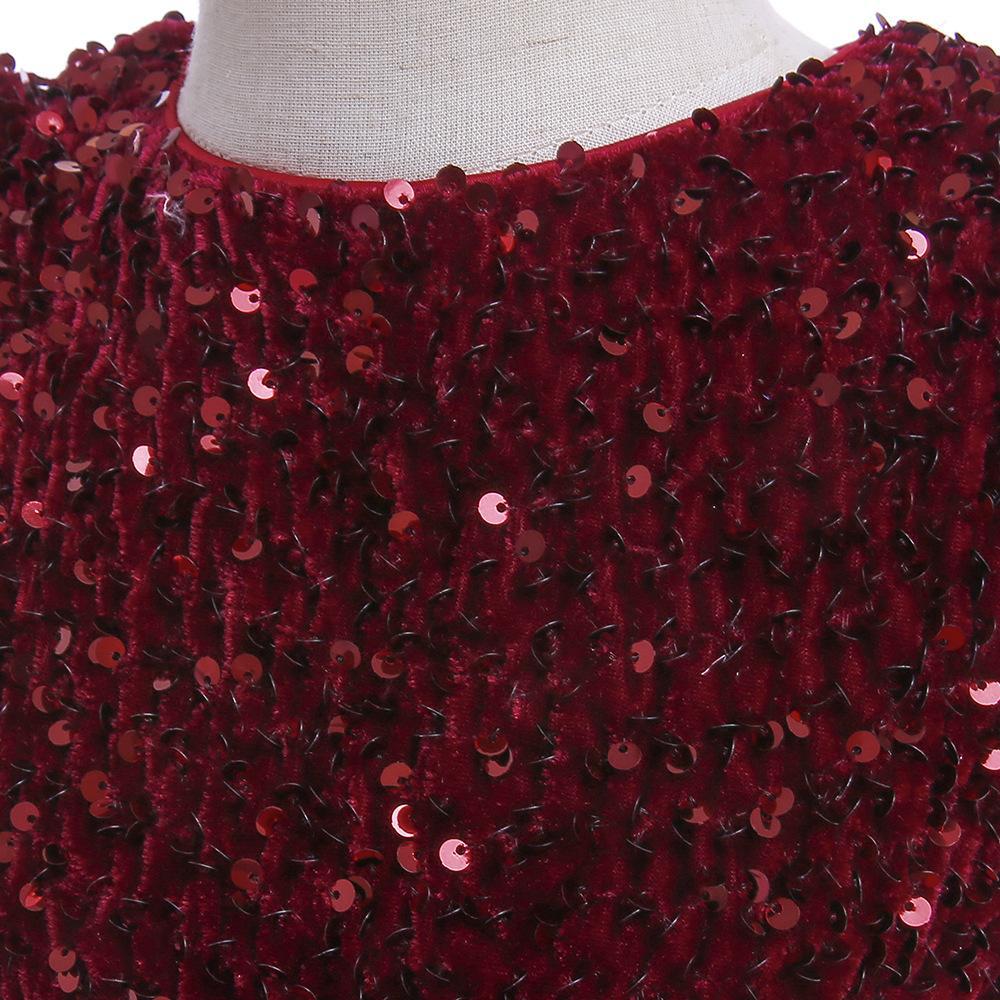 Burgundy sequin girls party dress with tulle skirt and satin waistband, designed for birthdays and holidays, view 5