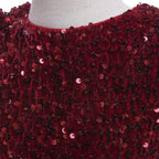Burgundy sequin girls party dress with tulle skirt and satin waistband, designed for birthdays and holidays, view 5