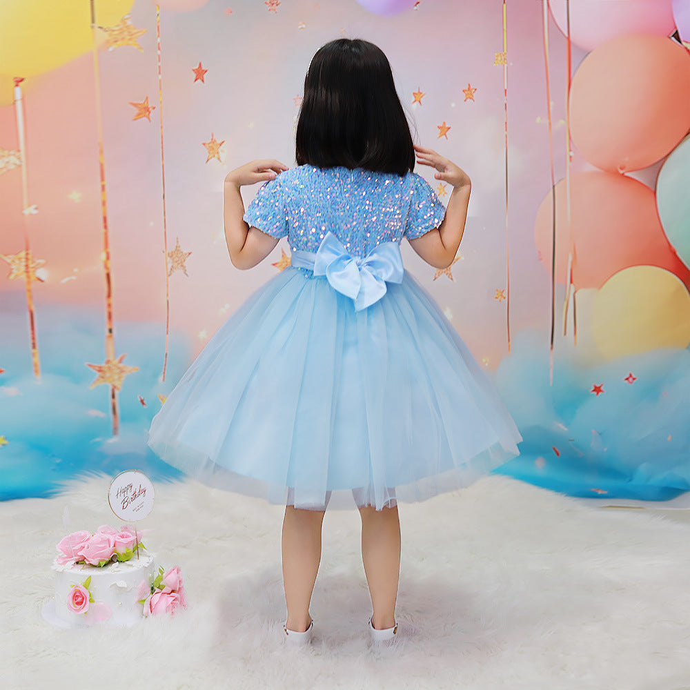Sky Blue sequin girls party dress with tulle skirt and satin waistband, designed for birthdays and holidays, view 15