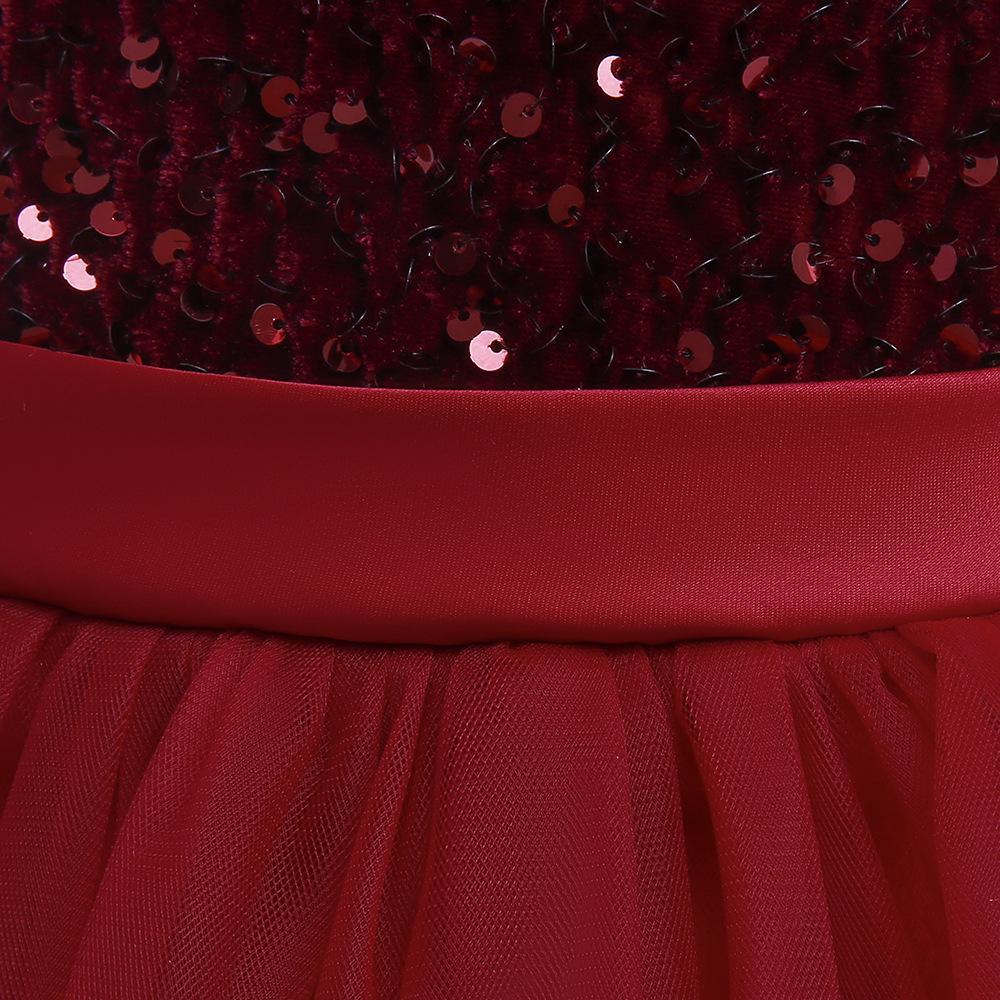 Burgundy sequin girls party dress with tulle skirt and satin waistband, designed for birthdays and holidays, view 6