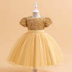Champagne sequin and tulle girls party dress with short puff sleeves, satin waistband and back bow, designed for birthdays and holiday parties.