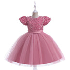 Dusty Pink sequin and tulle girls party dress with short puff sleeves, satin waistband and back bow, designed for birthdays and holiday parties.