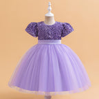 Purple sequin and tulle girls party dress with short puff sleeves, satin waistband and back bow, designed for birthdays and holiday parties.