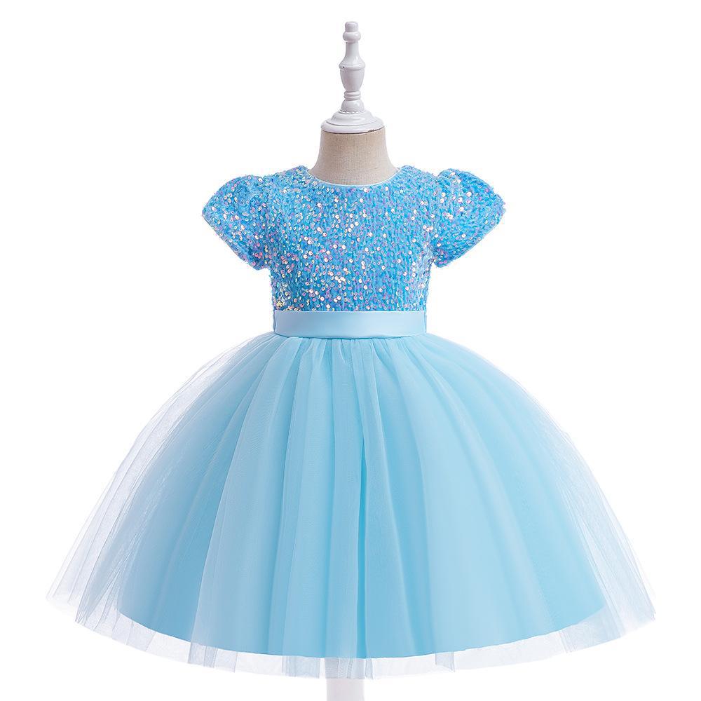 Sky Blue sequin and tulle girls party dress with short puff sleeves, satin waistband and back bow, designed for birthdays and holiday parties.