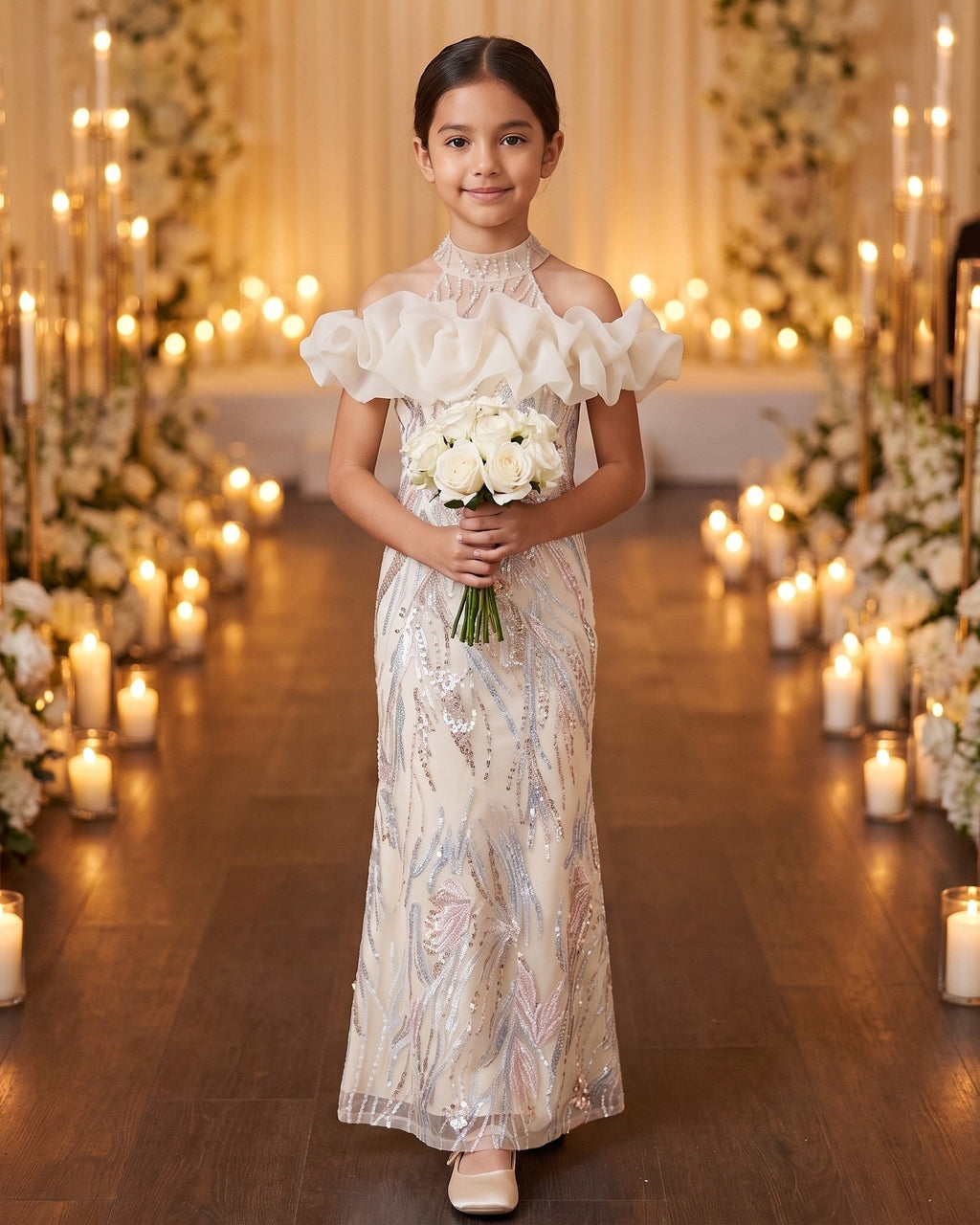 Sequin Ruffle Neck Gown in Champagne – lifestyle photo 1