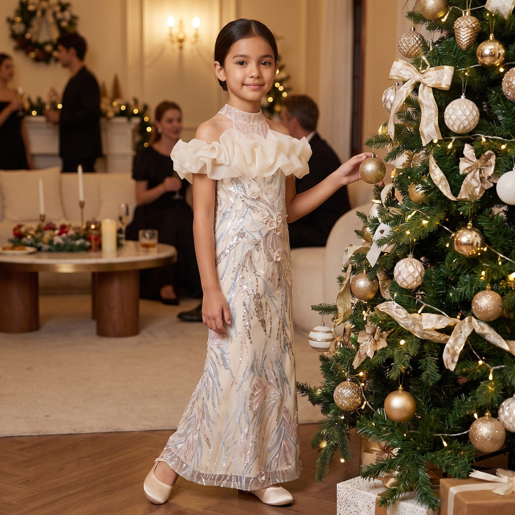 Sequin Ruffle Neck Gown in Champagne – lifestyle photo 2